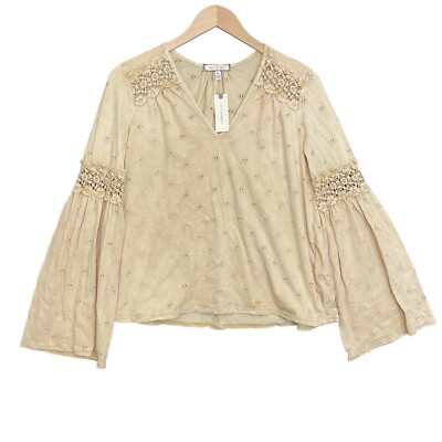 Anthropologie Eri+Ali Crochet Bell Sleeve Top Beige Cotton V-Neck Size XS