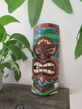 Hawaii Hand Made Carved Wooden 12" Tiki Painted Mask Wall Decor Hanging Man Cave