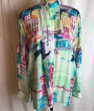 Vintage Sea Suns Venice Print Long Sleeve Blouse Women’s M Multi Color USA Made