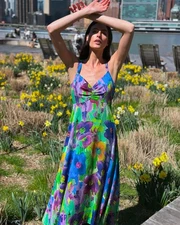 NWT $498 Kobi Halperin Alex Floral Hammered Satin Midi-Dress L