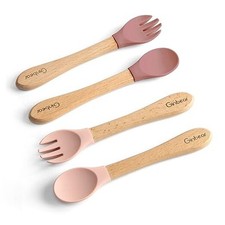 Silicone Baby Spoons and Forks Self-feeding 12-18 Months, Soft-Tip Pink Mauve
