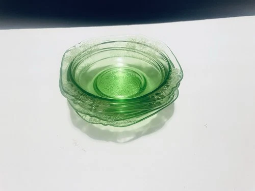 Set Of 4 Berry Bowls Uranium Glow Depression Green Glass With Birds Impressed