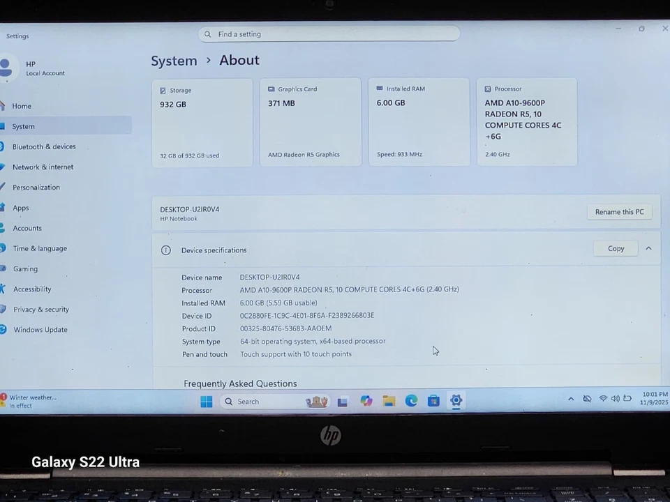 HP 15-ba079dy 15.6'' PANTALLA RAM 6 GB 1TB (HDD) AMD A10-9600P WIN 11 DVD, TARJETA SD Foto 3 de 4