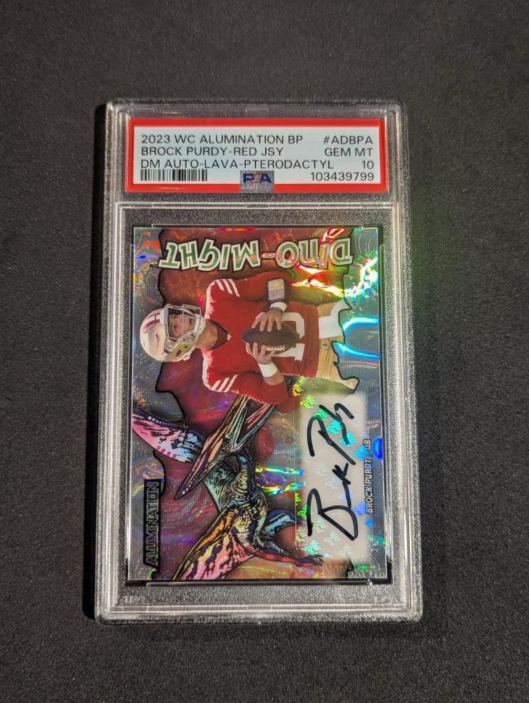 🔥POP 1🔥 2023 Wild Card Brock Purdy Dino-Might Pterodactyl 10/10 Auto PSA 10