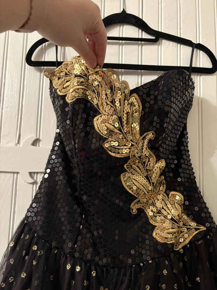 Vestido De Colección 1991 Alfred Angelo Affirmations Negro Dorado Lentejuelas Tul XS/S EE. UU. Foto 3 de 4