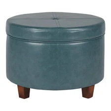 HomePop Transitional Faux Leather Large Storage Ottoman in Blue