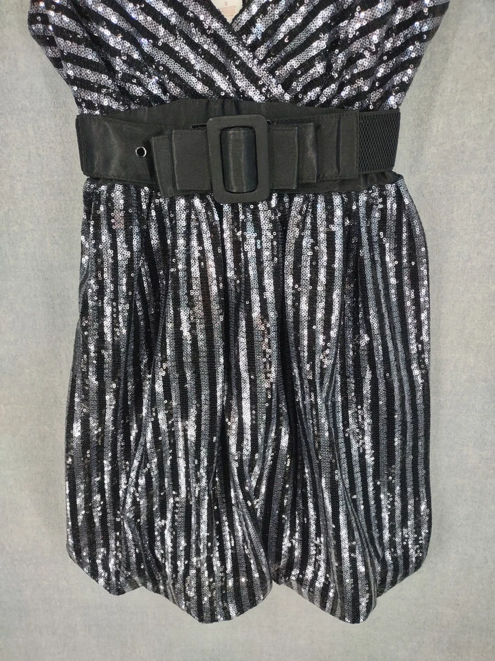 Vestido Arden B para mujer pequeño negro plateado lentejuelas cinturón sin mangas fiesta cóctel Foto 4 de 4