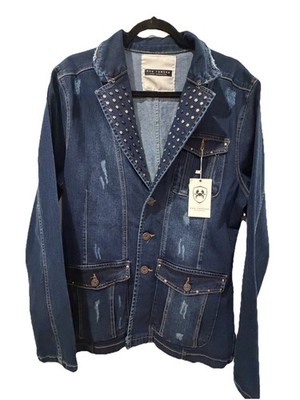 Ron Tomson Los Angeles Jacket Men X-Large Studded Denim Distressing Notch Lapel