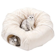 Cat Tunnel Bed, Donut Tunnel Bed for Indoor Pets 33.5" Dia Soft Plush, Beige