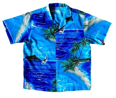 Vintage HAWAII Mens XL Aloha Hawaiian Shirt Sailboat Cruise Tropical Blue