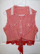 Upcycled Red Plaid Cotton Sleeveless Cropped Tie Shirt Medium