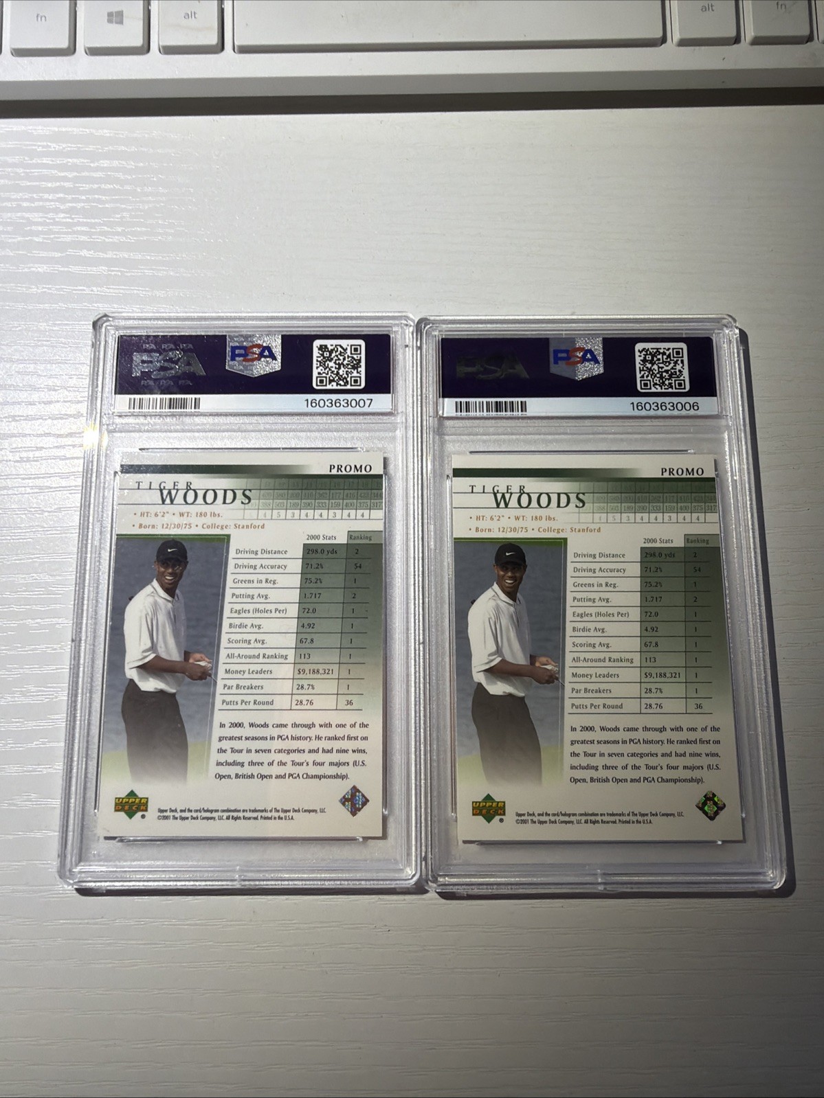 2001 Upper Deck Golf Promo Tiger Woods Rookie PSA 7 Lot Of TWO Freshly Graded view 2