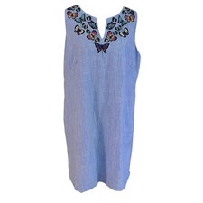 Talbots Size 14 Butterfly Embroidered Shift Dress Linen Blend Blue Tank 