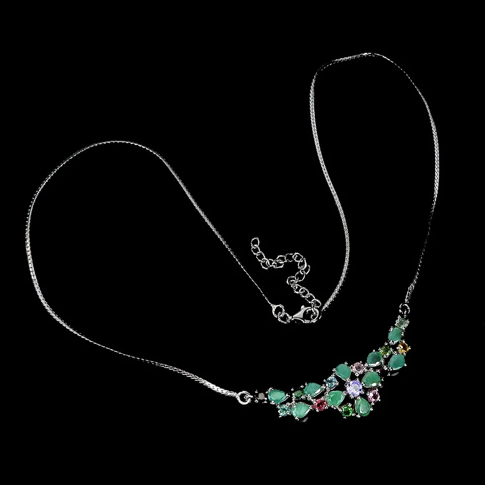 925 Argento Sterling Collana Pera Smeraldo Tanzanite Tormalina Gemma 48.3cm - Immagine 2 di 4