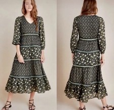 NWT$198 By Anthropologie Tiered Ruffle Maxi Cotton Blend Floral dress, 4, Small