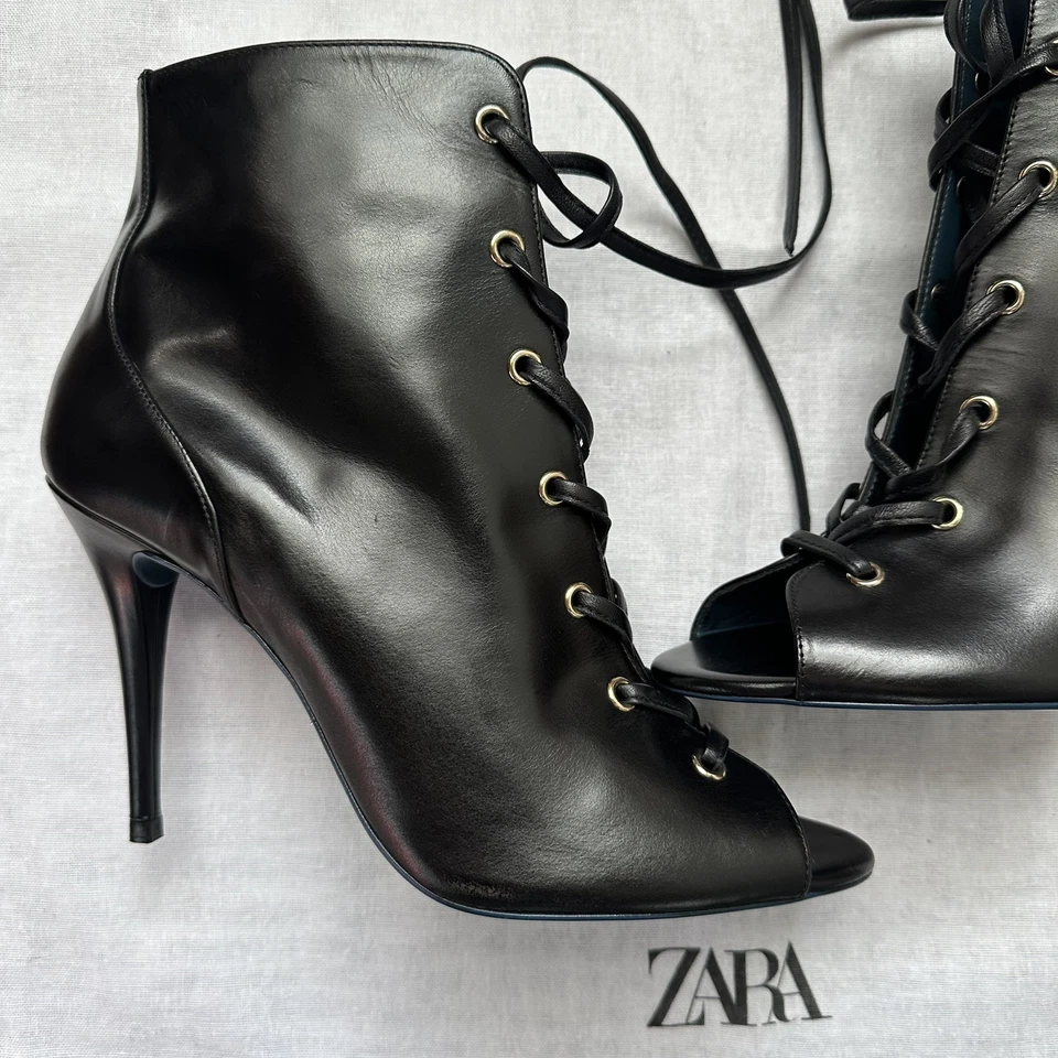 Nuevos Botines Zara $169 Cuero Negro Con Cordones Colección Azul Talla 10 1174/001 Foto 2 de 4