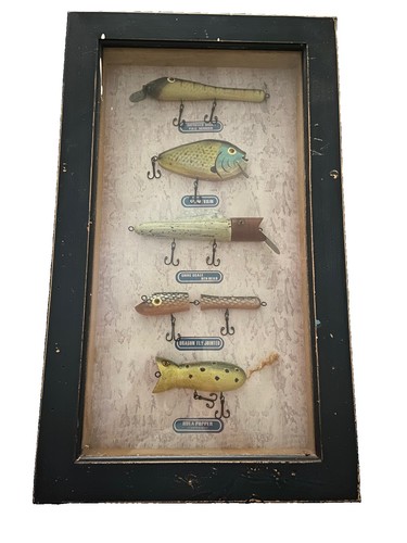 Vintage Wooden Lure Shadowbox Display, 5 Hand-Painted Fishing Lures 