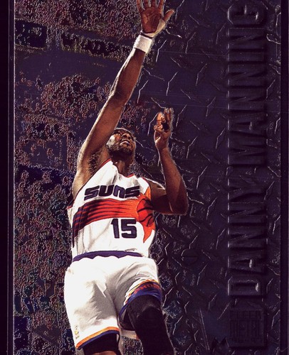 Danny Manning 1996-97 Metal #204 Phoenix Suns card showing him in white uniform mid-jump shot with orange jersey.