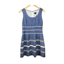 Ann Taylor Linen Blend Light Blue & White Textured Stripe Flare Dress 14