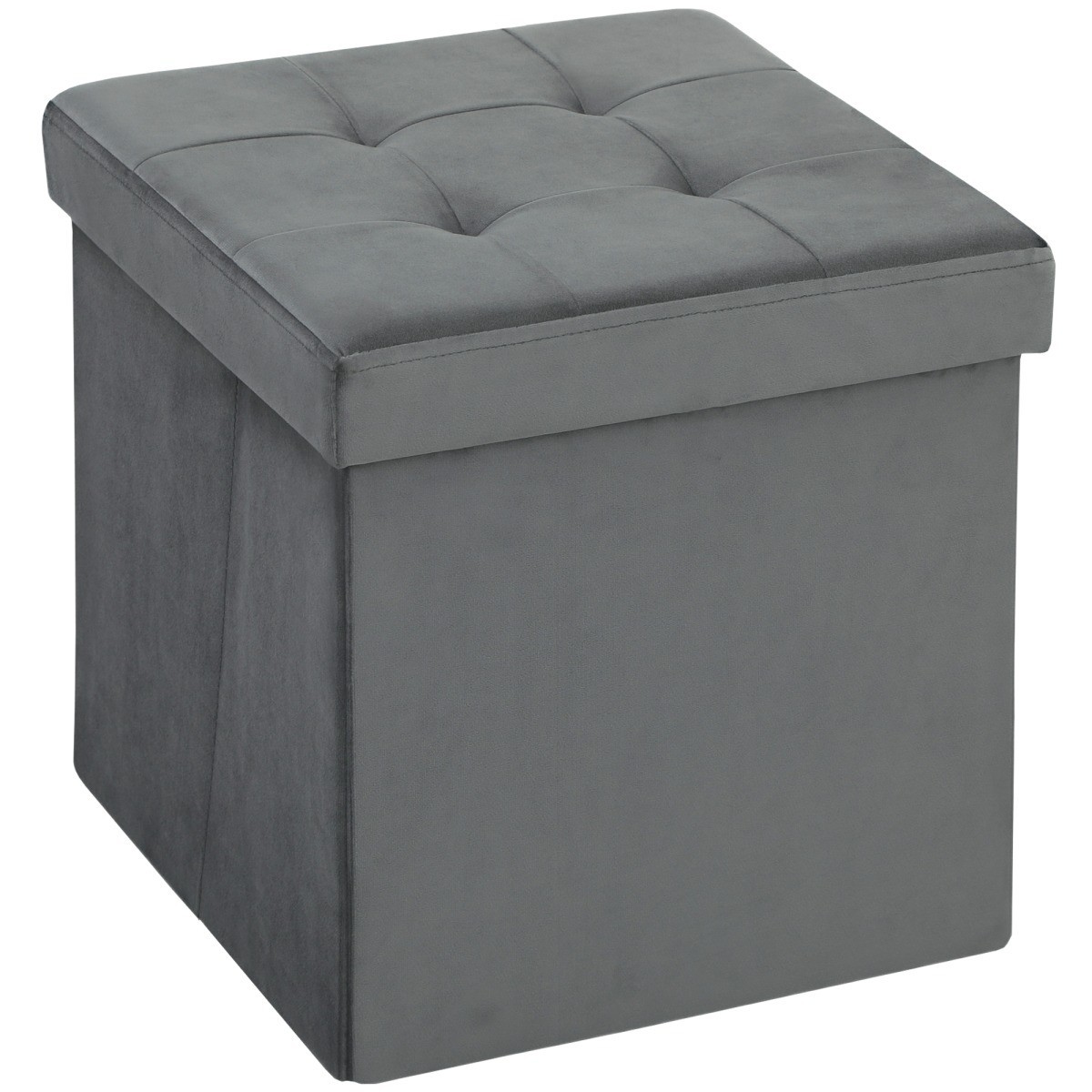 Grey Velvet Square Ottoman Storage Foldable Upholstered Footstool Footrest 38 cm