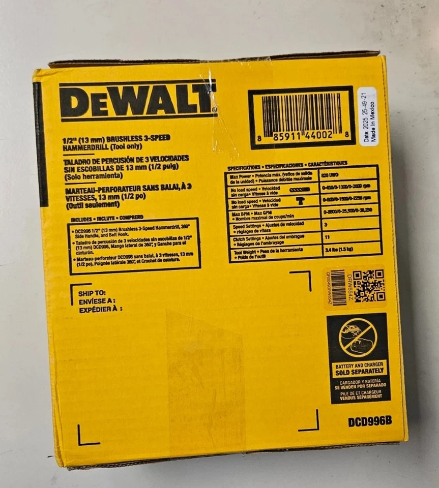 Taladro percutor DeWALT DCD996B 20V XR inalámbrico sin escobillas 1/2" herramienta desnuda de 3 velocidades Foto 2 de 3