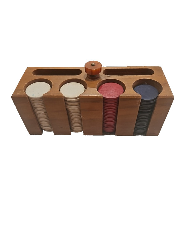 Vintage Poker Chip Set With Wooden Holder