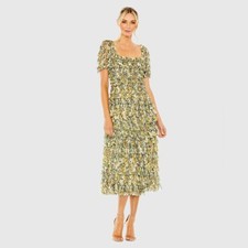 MAC DUGGAL Multicolor Short Sleeve Micro Ruffle Tea Length Dress - SIZE 18