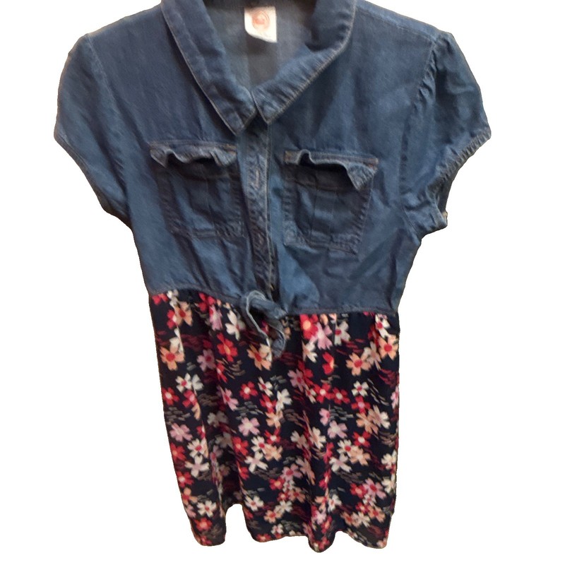 Justice Girls Size 10 Shirt Dress Blue Denim Floral Button Front Pockets