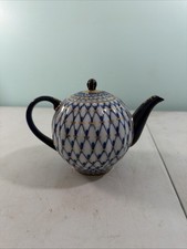 G1 Lomonosov Russian Imperial Porcelain Gold Detailing Cobalt Net Teapot 3 Cup