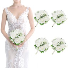 Set of 4 Bridesmaid Bouquets for Wedding - 7 Inch Ivory White Fake Flower Bou...