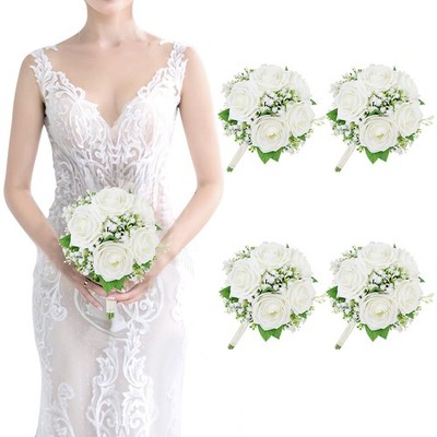 Set of 4 Bridesmaid Bouquets for Wedding - 7 Inch Ivory White Fake Flower Bou...