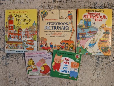 Richard Scarry Lot of (5) - 3 Large Vintage Hard Cover 60s/70s + 2 Paperbacks