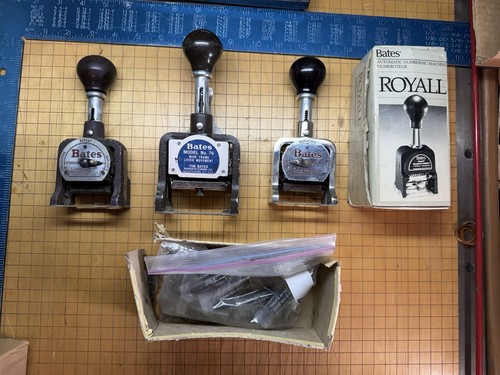 Vintage Bates Numbering Machine Lot of 4 NOS Royall RNM6-7 Boxed, Model 76 Lever
