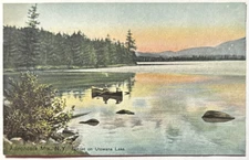 Canoe on Utowana Lake Sunset Adirondack Mountains NY Unused 1910s Postcard