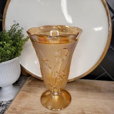 Vintage Iris & Herringbone Vase, Marigold Carnival Glass Jeanette Glass Company