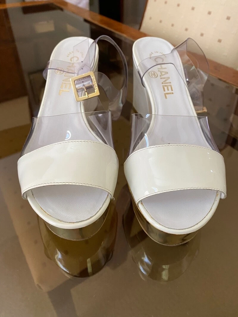 CHANEL PATENT LEATHER WITH CLEAR TRANSPARENT AND GOLD TRIM WEDGE SANDALS  35.5