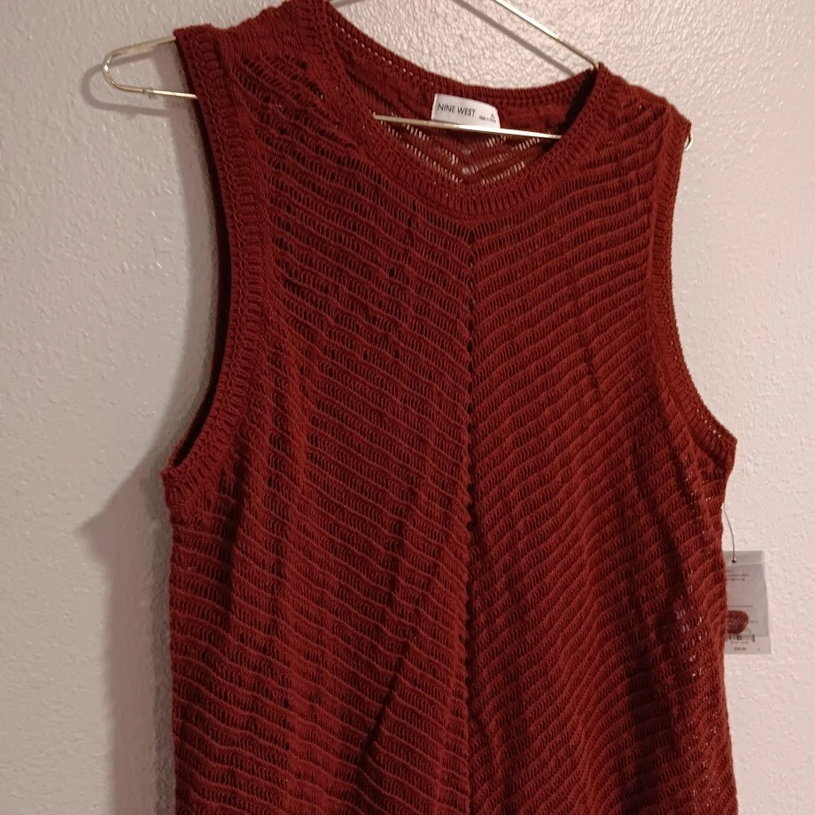 Vestido de crochê novo com etiquetas Nine West até o joelho tamanho XL laranja queimado forrado sem mangas - Imagem 3 de 4