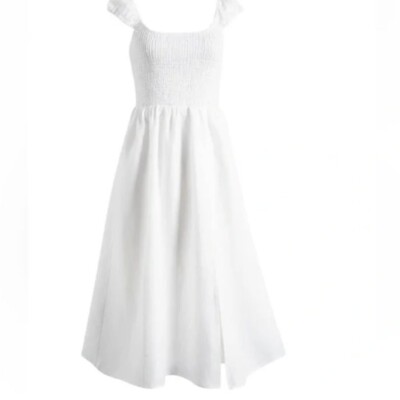 NWT Reformation Tavi 100% Linen White Smocked Ruffle Midi Dress Size Medium | eBay NWT Reformation Tavi 100% Linen White Smocked Ruffle Midi Dress Size Medium | eBay