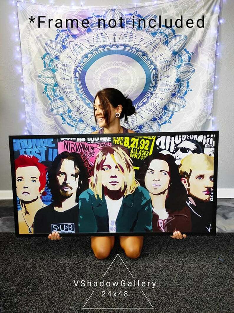 90s grunge band icons hand painted poster PRINT NIRVANA, Pear jam