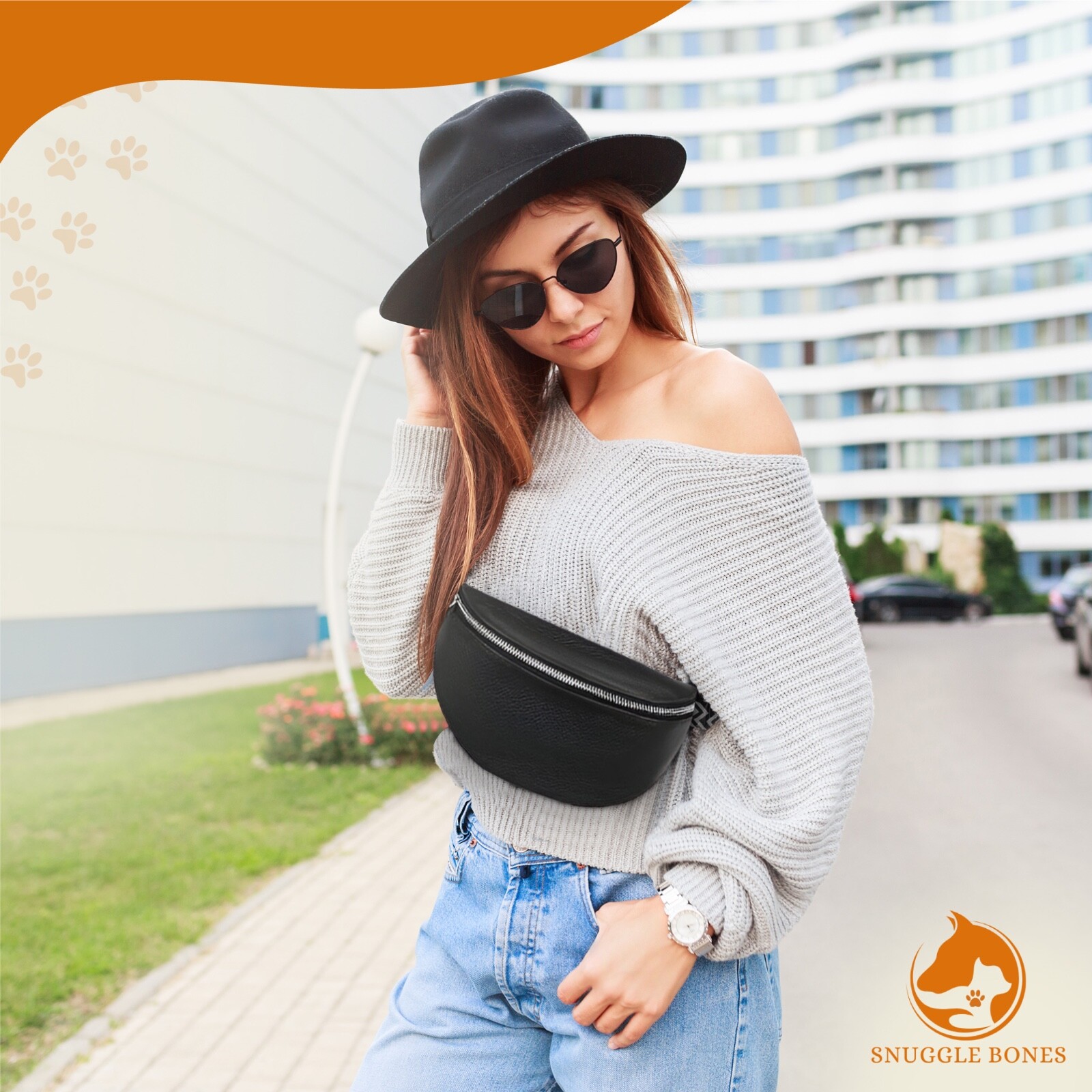 Soft Premium Black Vegan Leather Fanny Pack & Dog Walking Bag with Leash