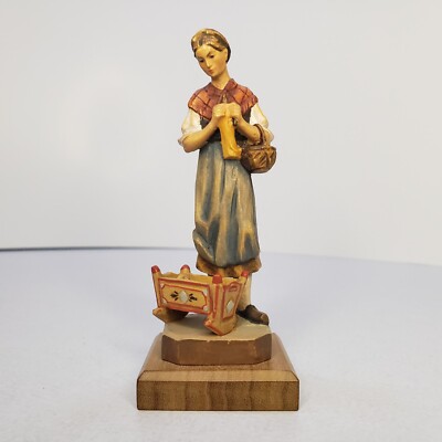 Vintage ANRI Hand Carved Wood Italian Art Sculpture Mother Knitting Child Cradle