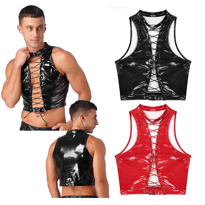 Men's Tank Vest Patent Leather Crop Cross Strap Shiny Slim Fit Sleeveless  Party