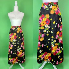 Vintage 70s Black Quilted Flower Power Maxi Skirt Hostess Skirt - Size Small