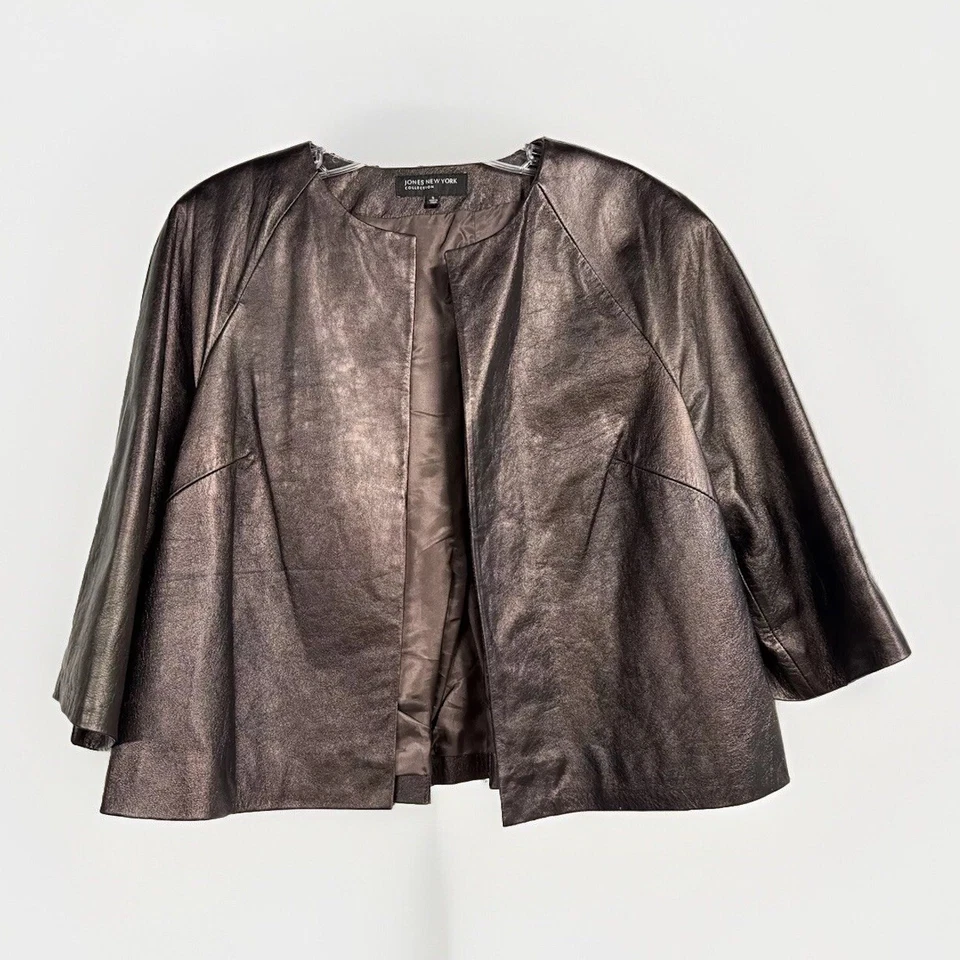 JONES NEW YORK Collection Brown Bronze Leather Cropped Jacket Bolero Small