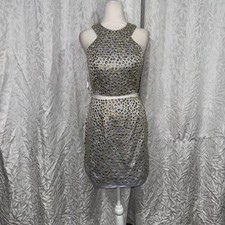 SHERRI HILL two piece set silver with green bold rhinestones size 4 halter top