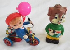 2 Vintage Tin Metal Boy On Bike Balloon Dog Tail Wagging Wind Up Toys Alps Japan