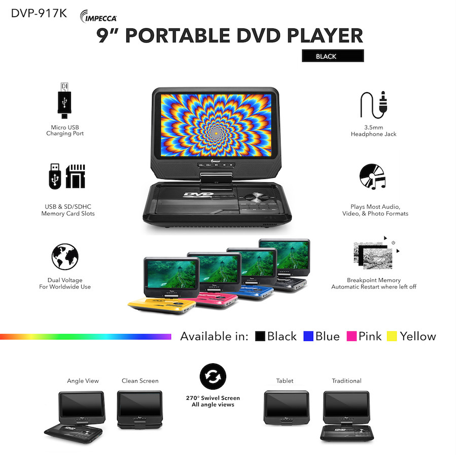 Impecca DVP-917K, 9" 270&deg; Swivel Screen Portable DVD Player