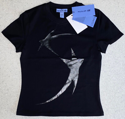 NWT MUGLER H&M Womens Cotton Star Logo Printed Short Sleeve Fitted 