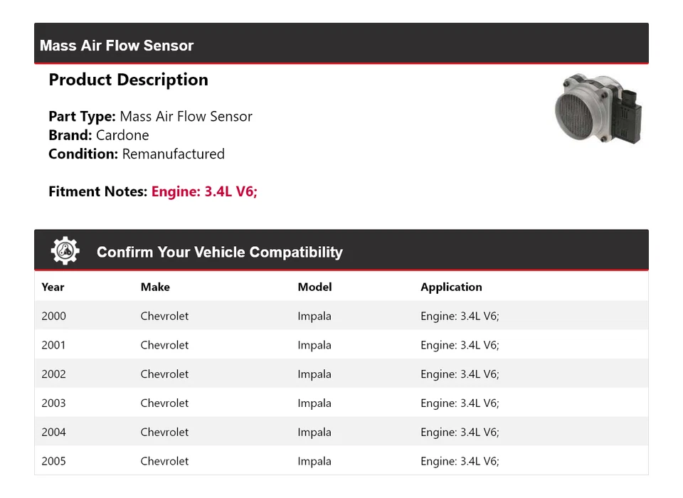 Sensor de flujo de aire másico Cardone 2001 2002 para Chevrolet Impala 2000-2005 3,4 L V6 Foto 2 de 4