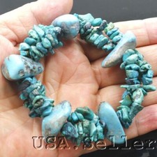 Blue Turquoise Bracelet Rough Nugget Beads Kingman Stretch Healing Stone 6.5"